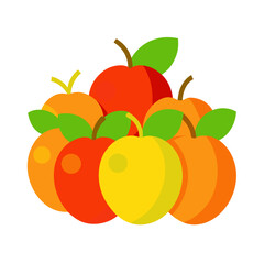 Colorful assortment of fresh apples and oranges with green leaves