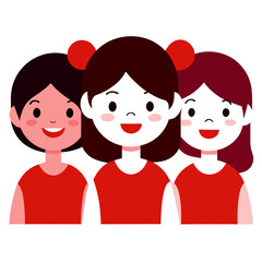 Three happy girls wearing red shirts and hair accessories