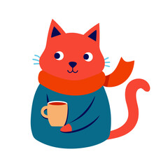 Cozy cat enjoying a warm drink in winter