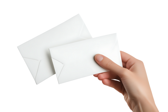 Hand holding two blank white closed envelopes over a clean gray background symbolizes business communication or mail delivery isolated on transparent background