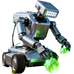 Futuristic farming automaton on wheels carefully picking organic lettuce, illustrating the future of automated agriculture technology
