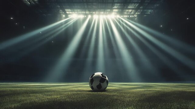 A solitary soccer ball sits on a lush green pitch, illuminated by dramatic overhead lights. The soccer ball, resting in the spotlight, signifies the essence of the game and competi