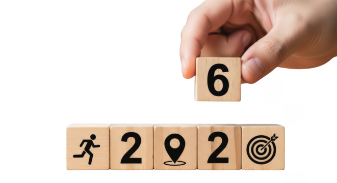 Symbolic wooden blocks forming 2026 with purpose icons