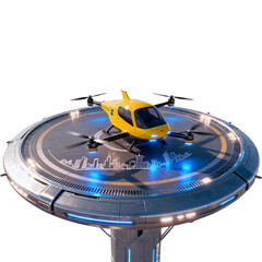 Futuristic yellow aerial vehicle landing on a helipad platform with illuminated city skyline graphics
