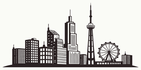 Obraz premium Silhouette of a city skyline with buildings tower and ferris wheel against a white background in vector art