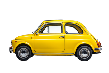 Classic yellow vintage car isolated on transparent background, retro small automobile for travel, transportation, nostalgia, and automotive collection concept