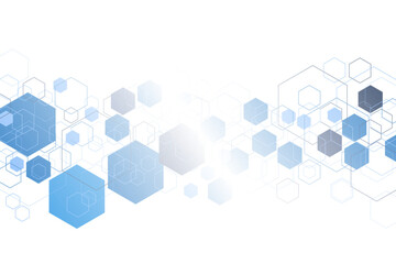 Modern and clean abstract geometric design with blue and gray hexagons on a white background
