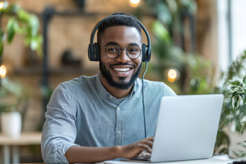 Fototapeta premium A smiling man in a suit wearing headphones while working on a laptop in a modern office environment.
