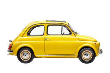 Classic yellow vintage car isolated on transparent background, retro small automobile for travel, transportation, nostalgia, and automotive collection concept