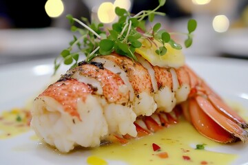 A delicious seafood dish – lobster tail with cream sauce, lemon and microgreens. Close-up.