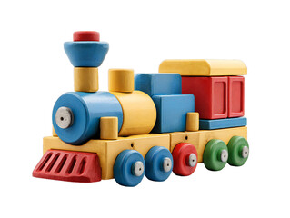 Fototapeta premium Colorful wooden toy train isolated on transparent background, classic educational locomotive plaything for children, preschool learning toy for creativity, coordination, and motor skill development