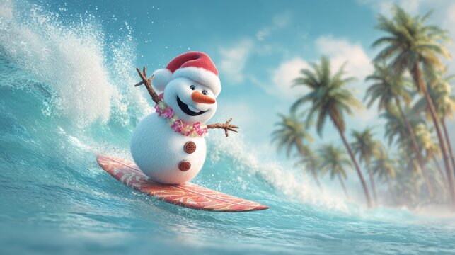 christmas surfing snowman on tropical wave santa hat palm trees bright flowersholiday card concept happy and funny illustration for warm winter vacation