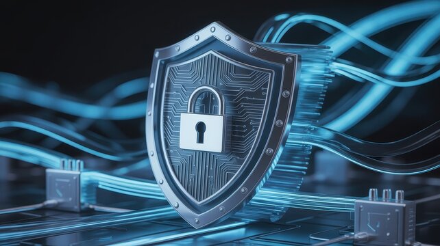 Cybersecurity shield with padlock symbol protecting data streams against digital threats