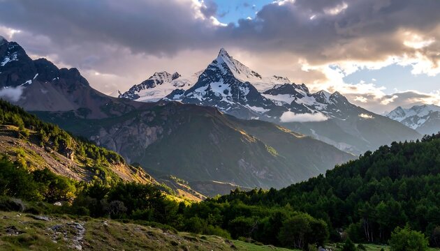 Majestic mountain peak at sunset, with snow-capped summit and valley