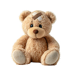 Fototapeta premium Cute brown teddy bear plush toy with cross bandages on eyes isolated on transparent background, soft stuffed toy symbolizing sadness, heartbreak, or loss, concept of emotional pain and comfort