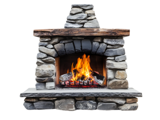 Traditional stacked stone fireplace with a thick wooden mantle a central chimney and a brightly burning fire in the hearth isolated on transparent background