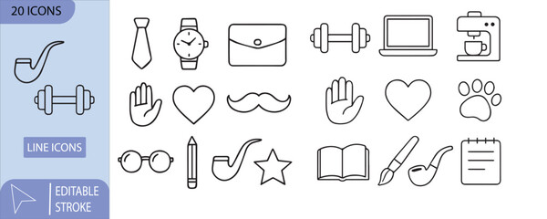 Set of 20 editable stroke line icons for lifestyle and hobbies collection