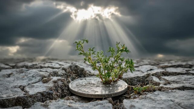 Resilient green plant emerges from cracked ground, resting on a coin, as sunlight breaks through dark clouds, showcasing nature's persistence and beauty in a dramatic scene