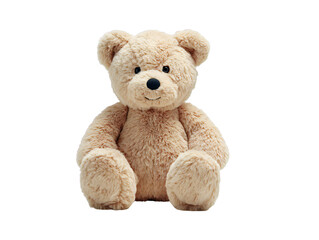 Cute brown teddy bear plush toy isolated on transparent background, soft stuffed animal for children, adorable cuddly toy for baby nursery, gift, or decoration concept