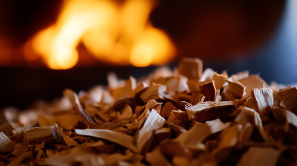 A close-up captures a pile of natural wood chips, glowing with warmth from a fire behind, creating a rustic and cozy feel. Perfect for grilling, fire, or cooking experiences.