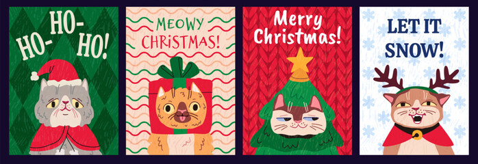 Fototapeta premium Festive christmas holiday greeting cards with cute funny cats. Textured Merry christmas postcards Illustration, cartoon kitten pets in clothes, winter holiday vector invitations set