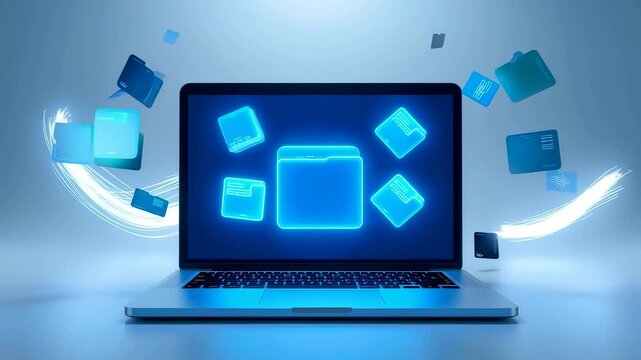 Laptop computer displaying glowing digital folders with data transfer effects, bright neon blue light trails, and technology network concept