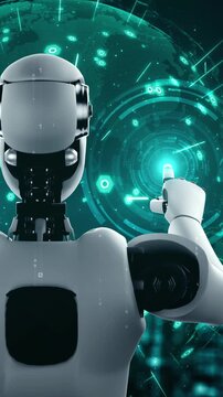 Futuristic robot artificial intelligence huminoid AI programming coding technology development and machine learning concept. Robotic bionic science research for future of human life. 3D rendering.
