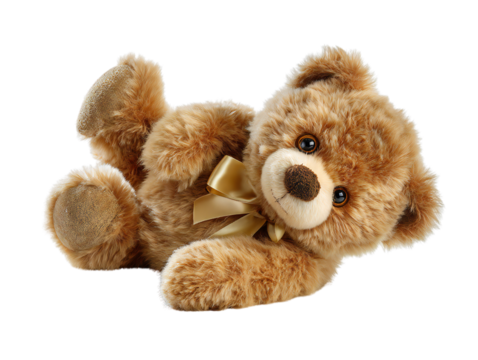 Cute brown teddy bear with golden ribbon bow lying down, plush stuffed toy isolated on transparent background, soft cuddly toy for children, baby gift, or nursery decoration concept