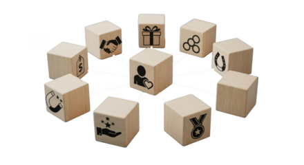 Wooden cubes with symbols in circular arrangement