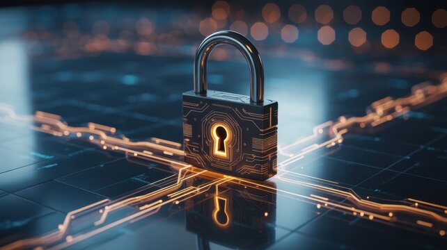 Padlock protecting digital data with glowing network connections - Powered by Adobe