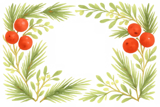 Watercolor christmas frame with pine branches and berries, holiday border creating copy space, transparent background