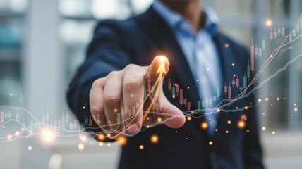 Business person touching digital interface with glowing lights and network connections