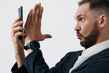 A business man professional with emotions, on an isolated colored background, delivering a...