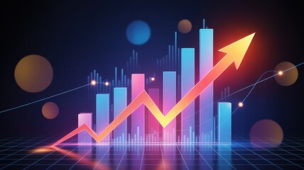 Growth arrow above colorful bar chart reflecting positive financial trends