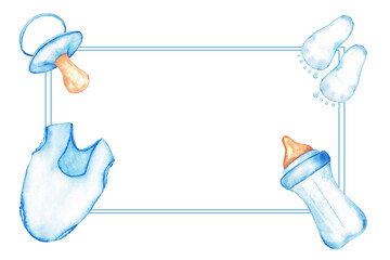 Blue themed baby gender reveal party frame for invitations or announcements. Watercolor illustration for baby shower, baptism, boy or girl party. Horizontal template. Isolated. Hand drawn. Copy space