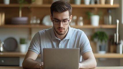 Man focused on laptop, working from home office. He's wearing glasses and a casual shirt. Natural light fills the kitchen space. Remote work lifestyle. #workfromhome