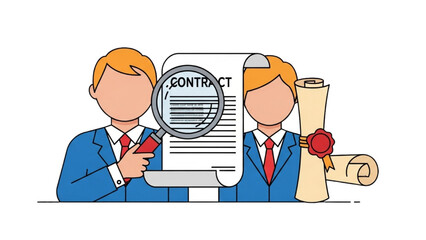 High-Quality Black Outline Colorful Art of Businessperson Reading Contract with Magnifying Glass, Document and Seal Outlined, Minimal Clean Composition on White Background