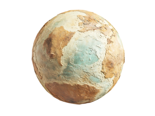 Artistic 3d rendering of an abstract earth globe showing stylized land masses in brown and beige colors with a single prominent blue-green ocean area isolated on transparent background