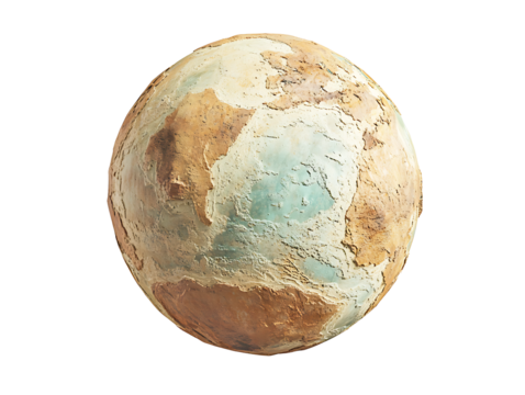 Artistic 3d rendering of an abstract earth globe showing stylized land masses in brown and beige colors with a single prominent blue-green ocean area isolated on transparent background - Powered by Adobe