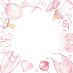 Pink themed gender reveal party frame for celebrations and invitations. Template for baby shower, baptism, boy or girl party. Watercolor illustration. Isolated. Hand drawn. Copy space
