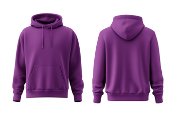 Front and back view mockup of a solid vibrant purple cotton blend hooded sweatshirt hoodie garment with drawstrings for fashion apparel design isolated on transparent background