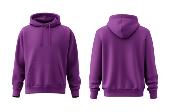 Front and back view mockup of a solid vibrant purple cotton blend hooded sweatshirt hoodie garment with drawstrings for fashion apparel design isolated on transparent background