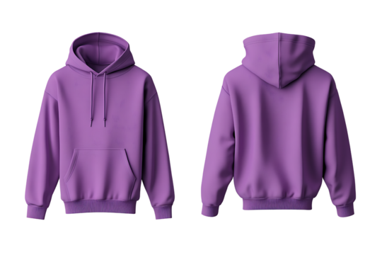 Front and back view mockup of a plain purple or violet cotton blend hooded sweatshirt hoodie garment with drawstrings for fashion apparel design isolated on transparent background - Powered by Adobe