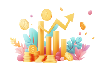 3d rendering of gold coins stacks dollar symbol increasing bar graph chart and rising arrow for business investment success growth isolated on transparent background