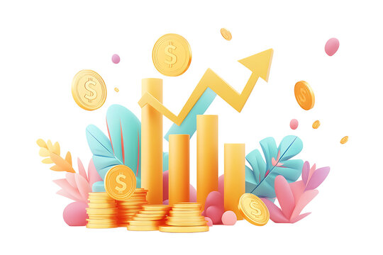 3d rendering of gold coins stacks dollar symbol increasing bar graph chart and rising arrow for business investment success growth isolated on transparent background