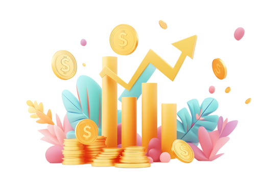 3d rendering of gold coins stacks dollar symbol increasing bar graph chart and rising arrow for business investment success growth isolated on transparent background