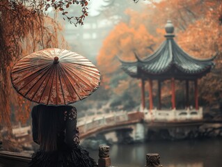 A Chines sunshade and architecture of pagoda building.