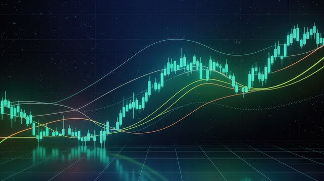 Stock chart growing upwards in green with network lines and abstract background