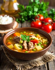 Hearty Beef and Vegetable Soup on Rustic Table