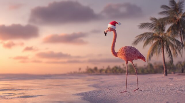 santahatwearing flamingo enjoying sunset on tropical beach